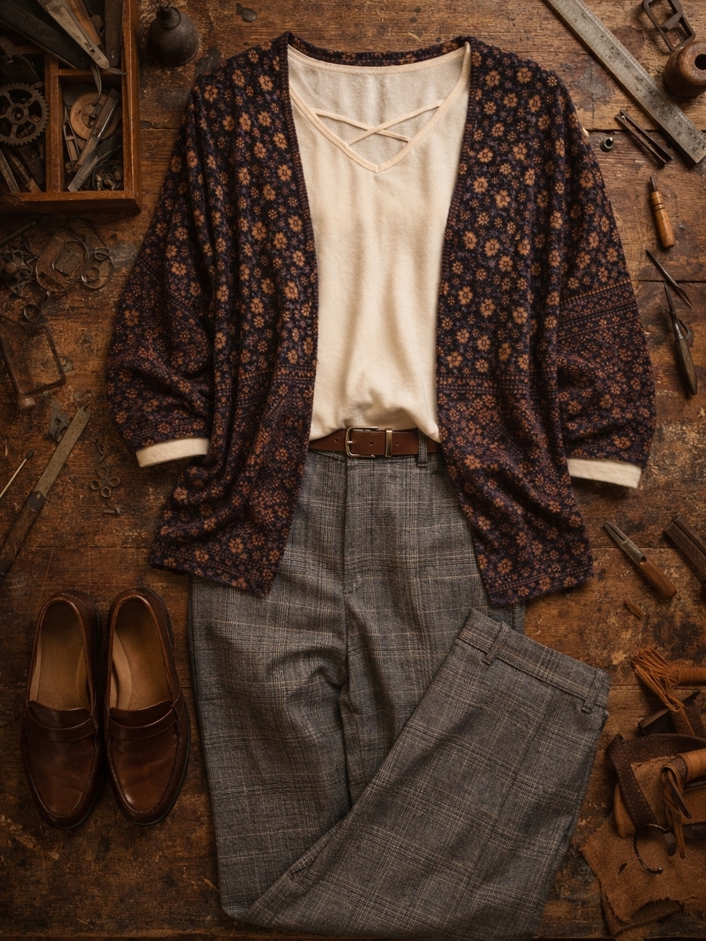 Cream V-Neck Top with Navy Floral Cardigan US 14